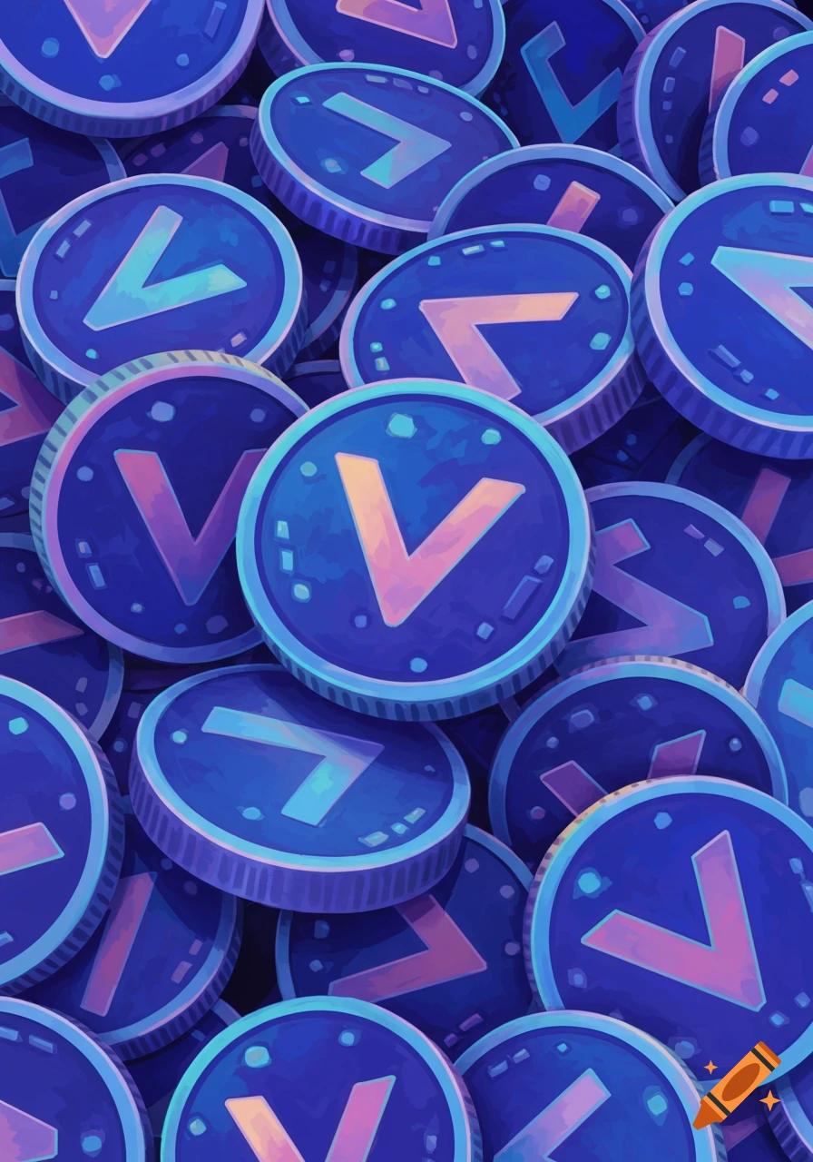 A pile of purple coins with a V symbol.