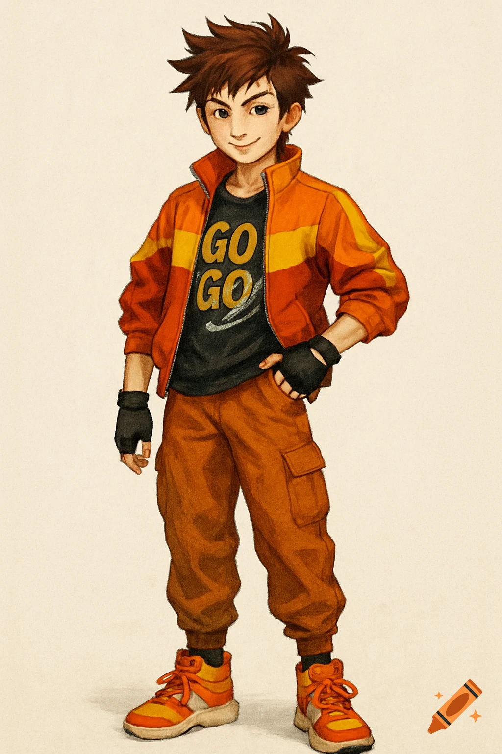 Anime boy in orange jacket and pants with a 'GO GO' shirt.