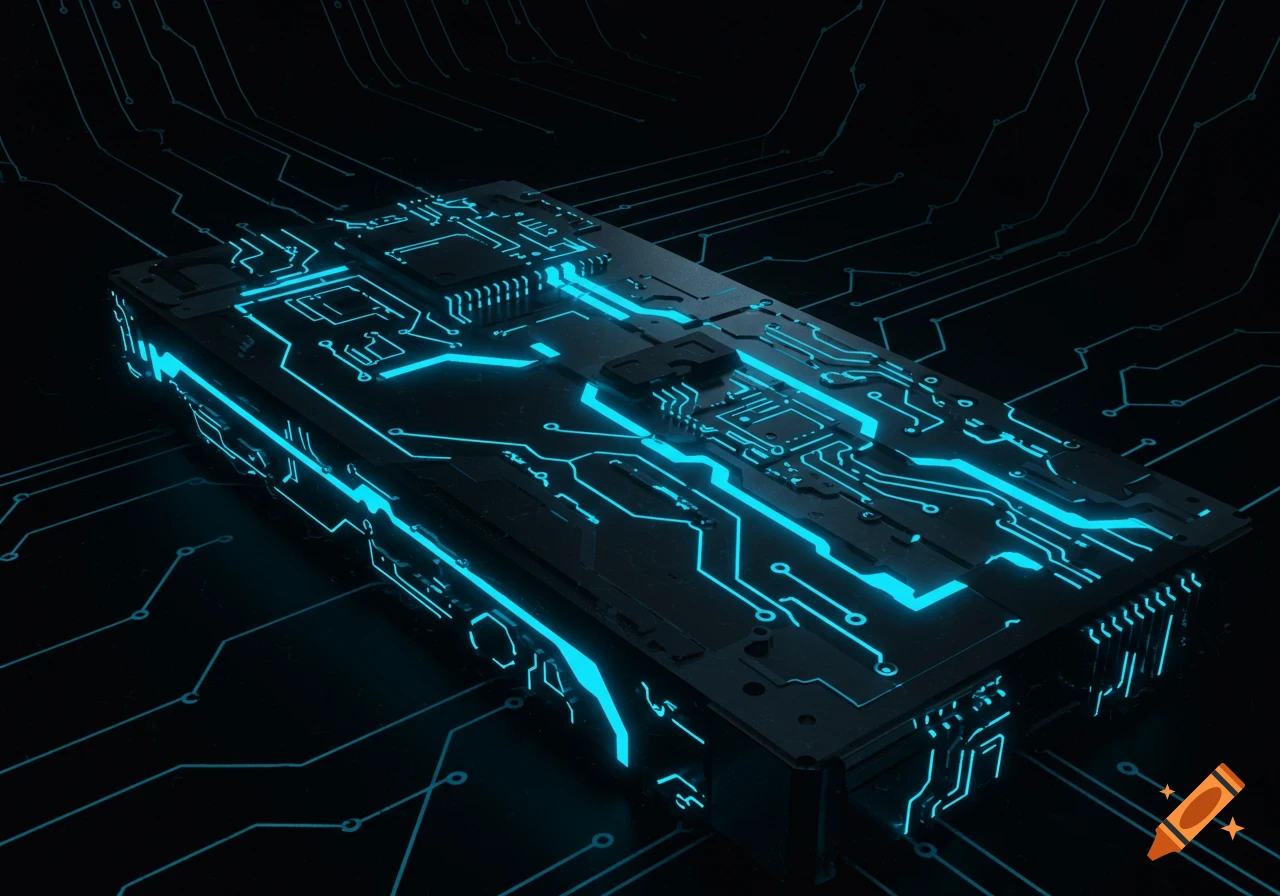Futuristic circuit board glowing blue on a dark background.