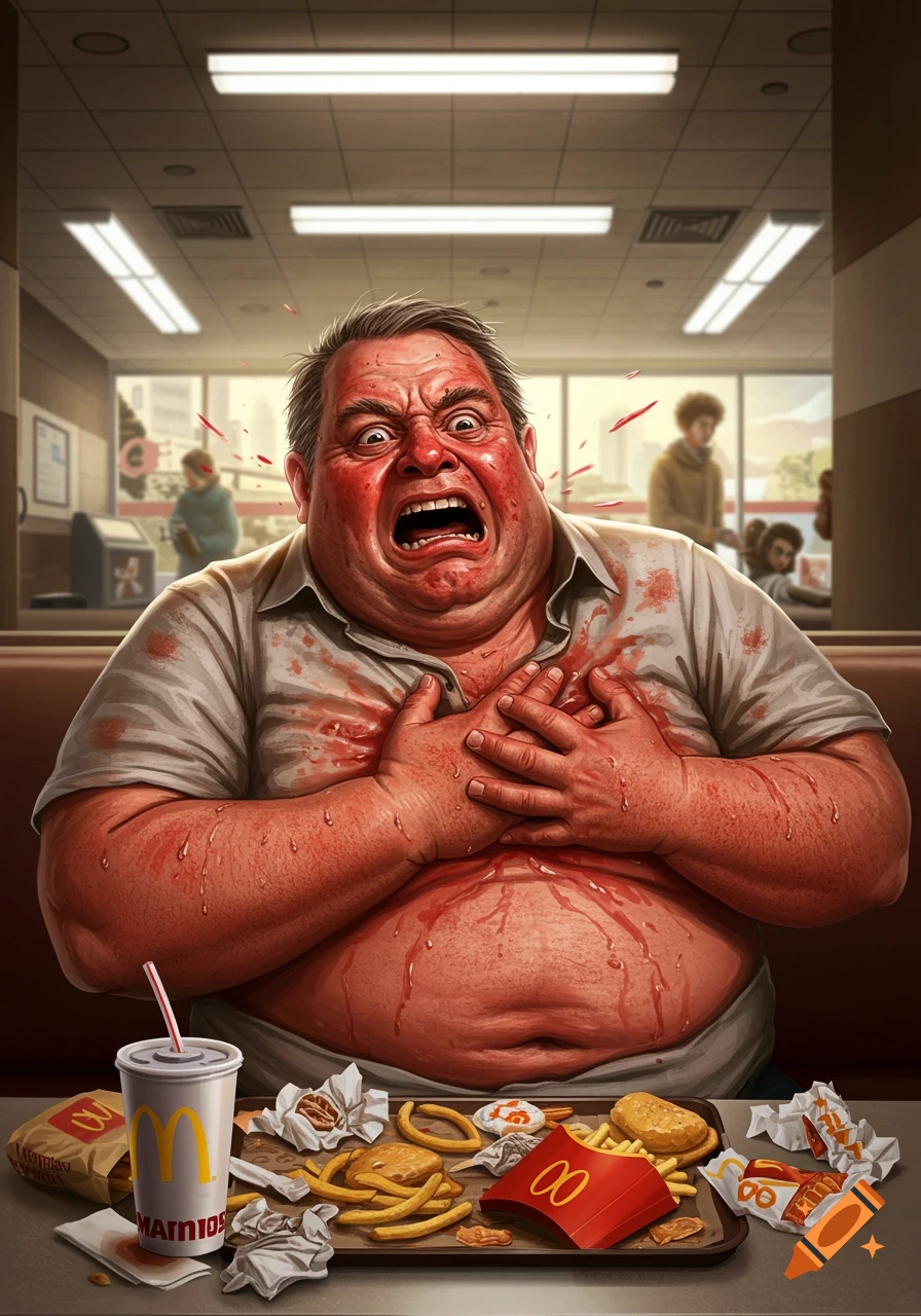 Illustration of an overweight man having a heart attack while surrounded by fast food at a McDonald's restaurant.
