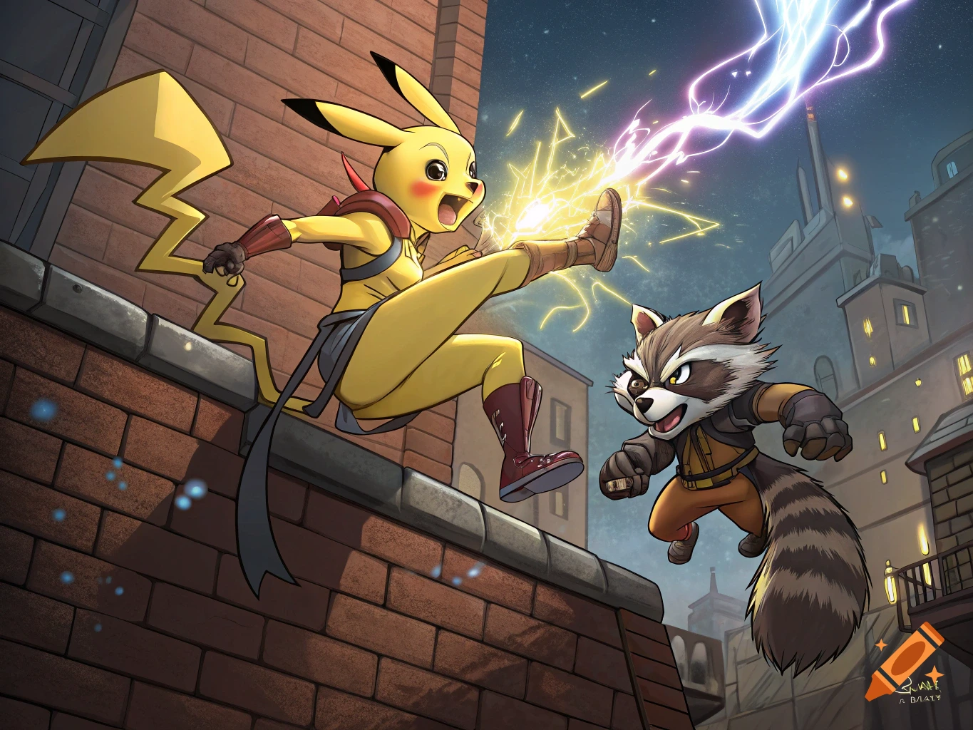 Cartoon illustration of Pikachu kicking electricity at Rocket Raccoon on a rooftop.