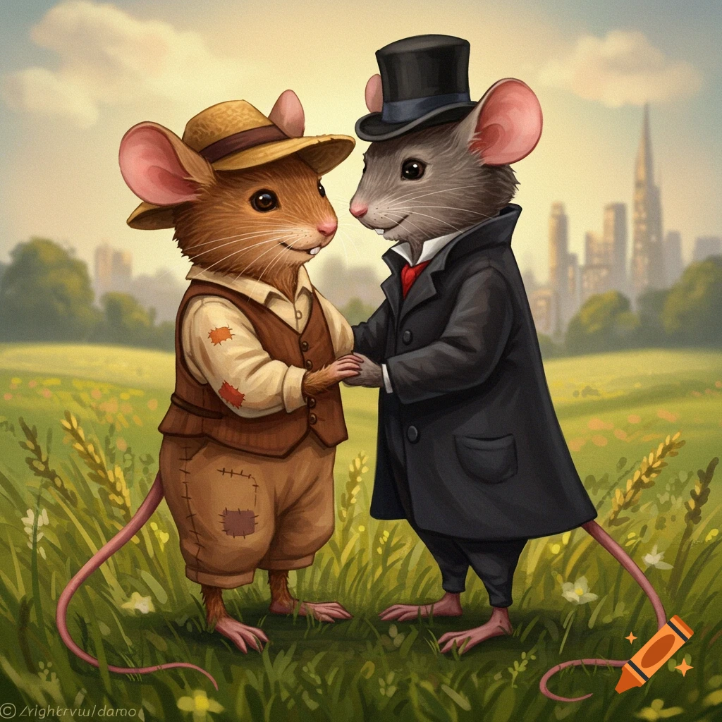 Two anthropomorphic mice, one dressed as a country mouse and one as a city mouse, hold hands in a field with a city skyline in the background.