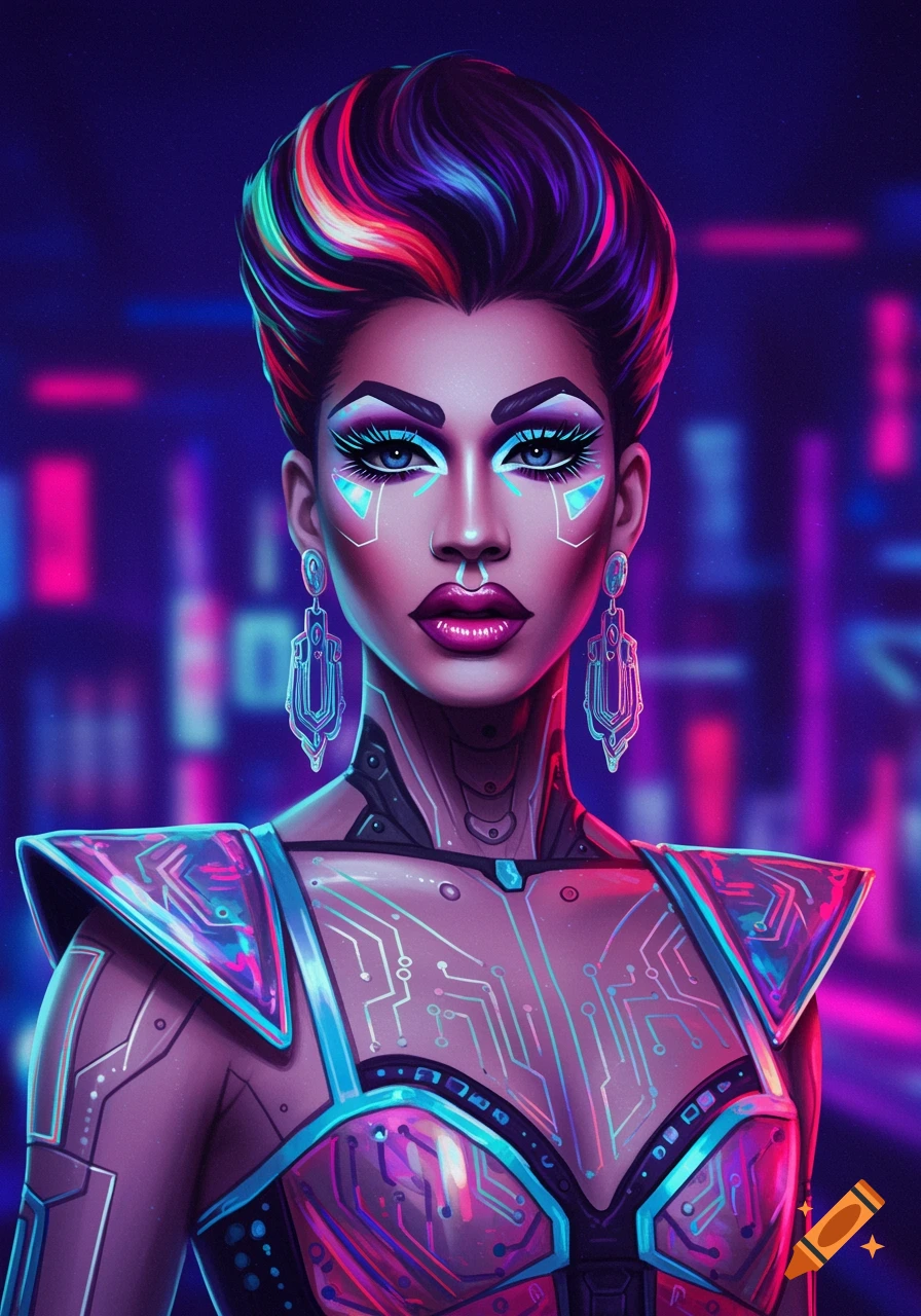 A futuristic portrait of a drag queen in cyberpunk style.