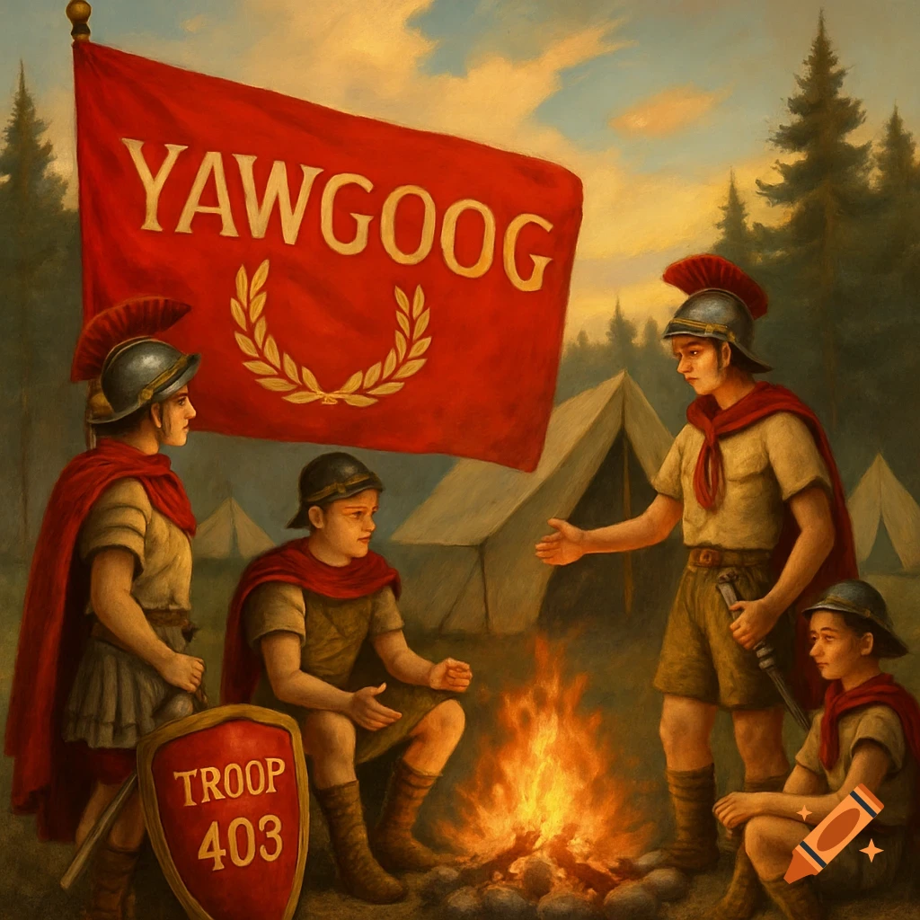 Painting of boys in Roman attire at a campsite with a fire, flag, and shield.