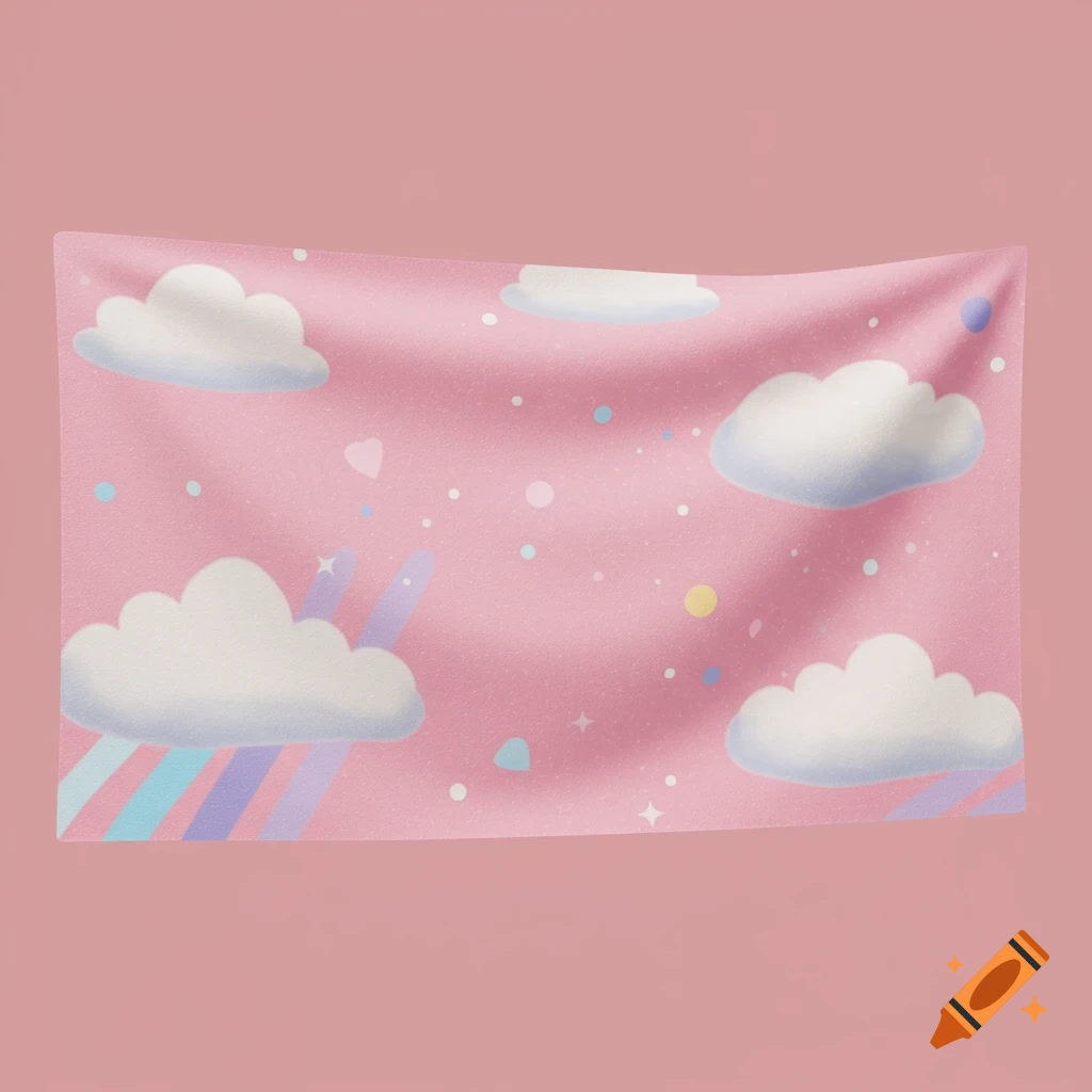 A pink flag with white clouds, stars, hearts, and colorful rays.