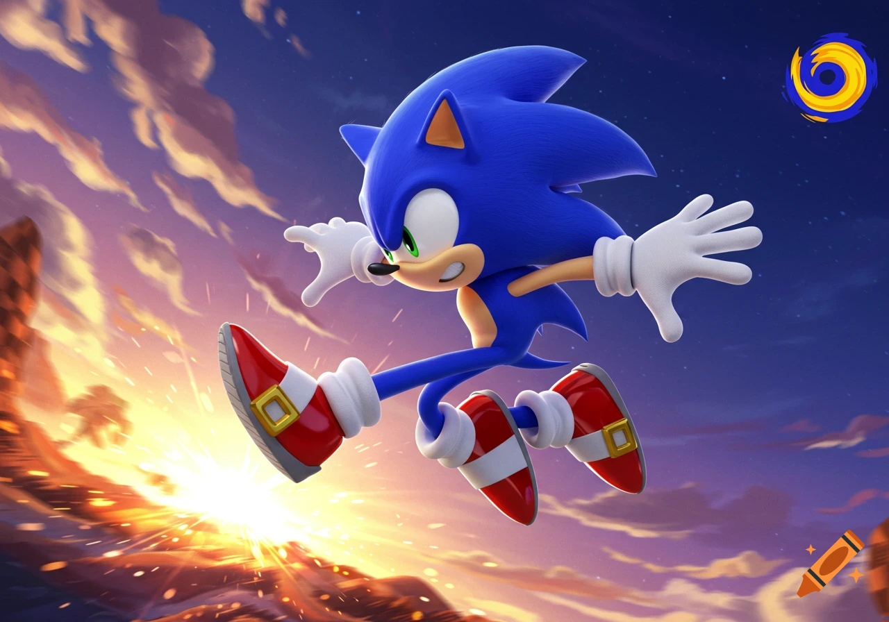 Sonic the Hedgehog running through the air at sunset.