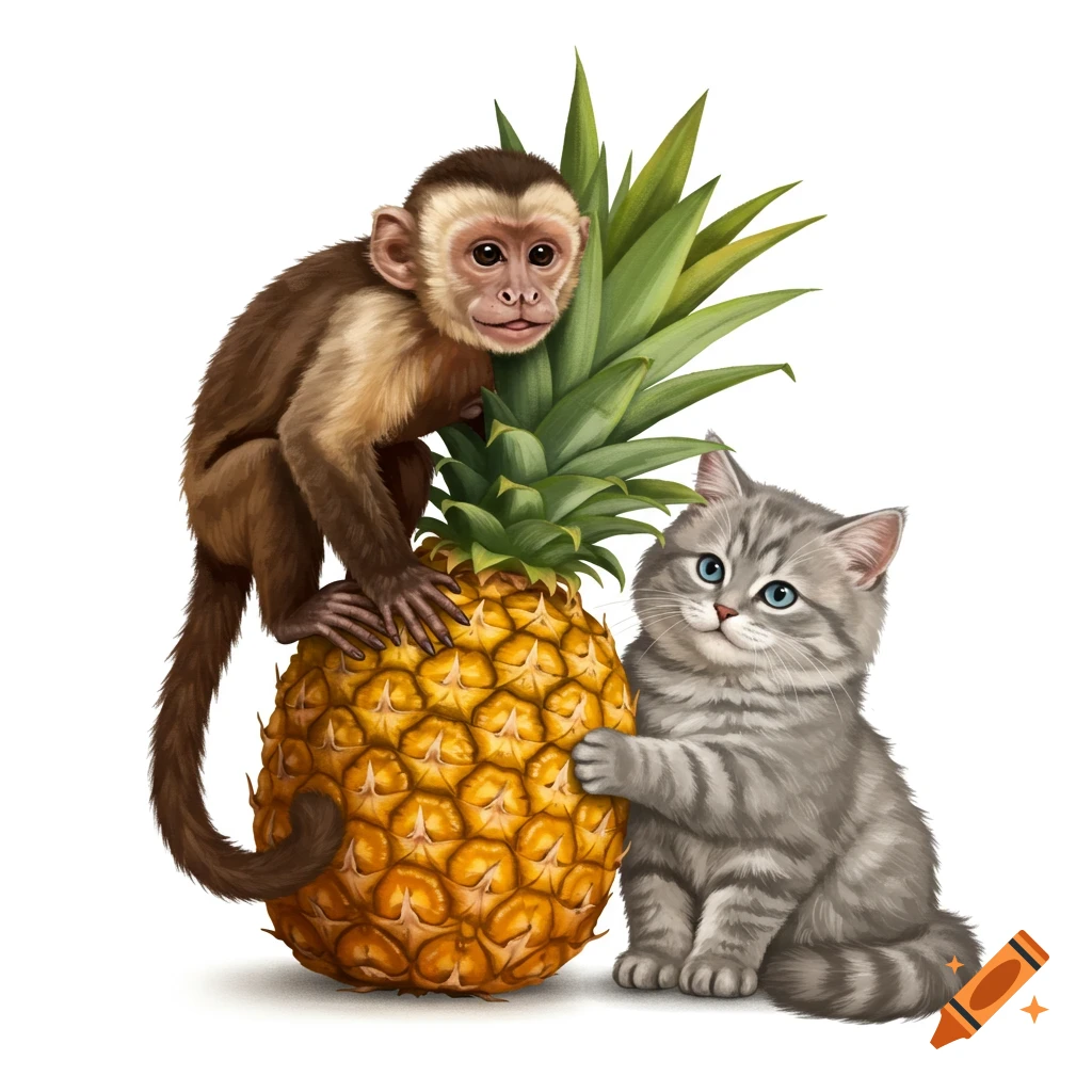 A monkey sits on a pineapple next to a kitten on a white background.