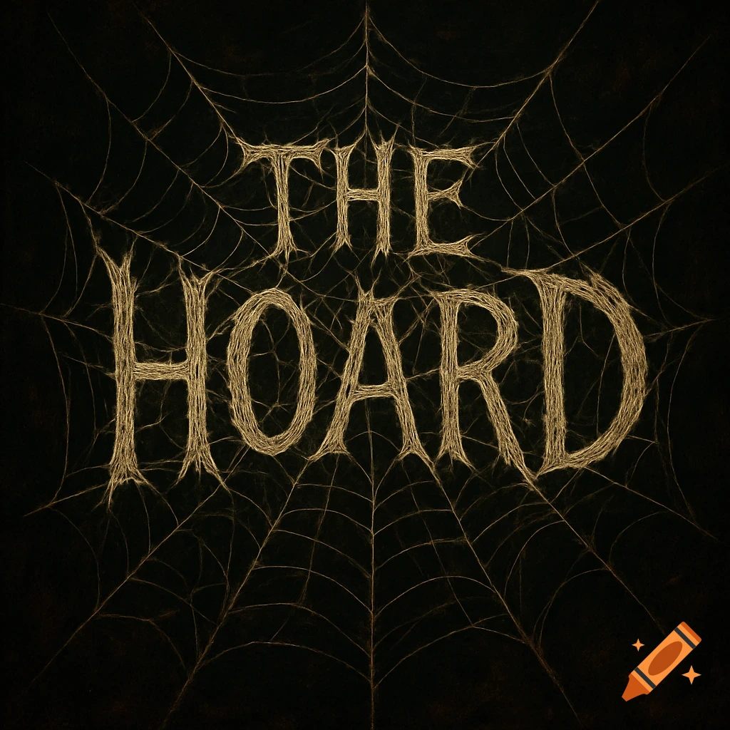 Stylized text 'THE HOARD' on a spider web background in a dark style.