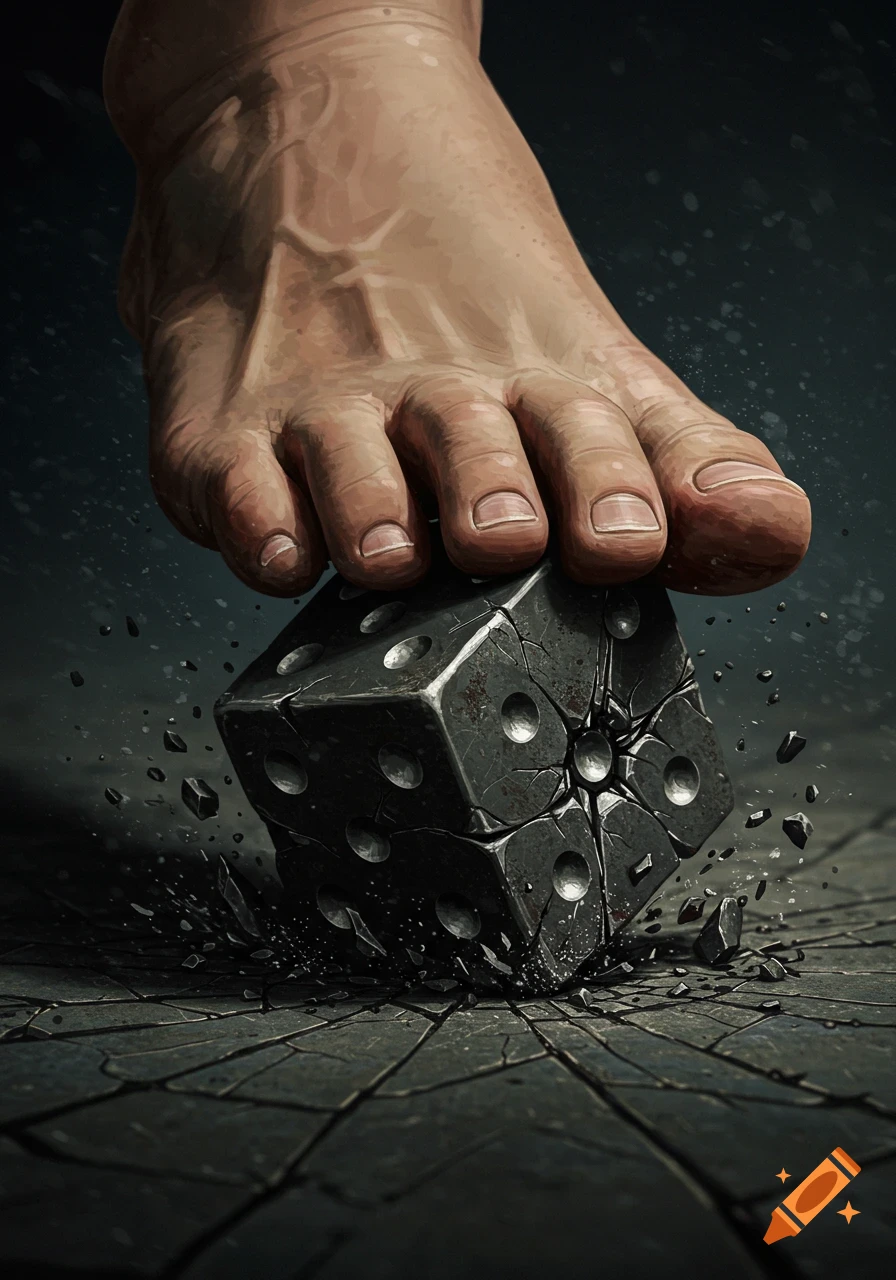 Large foot crushing a metal dice on a cracked surface, digital painting