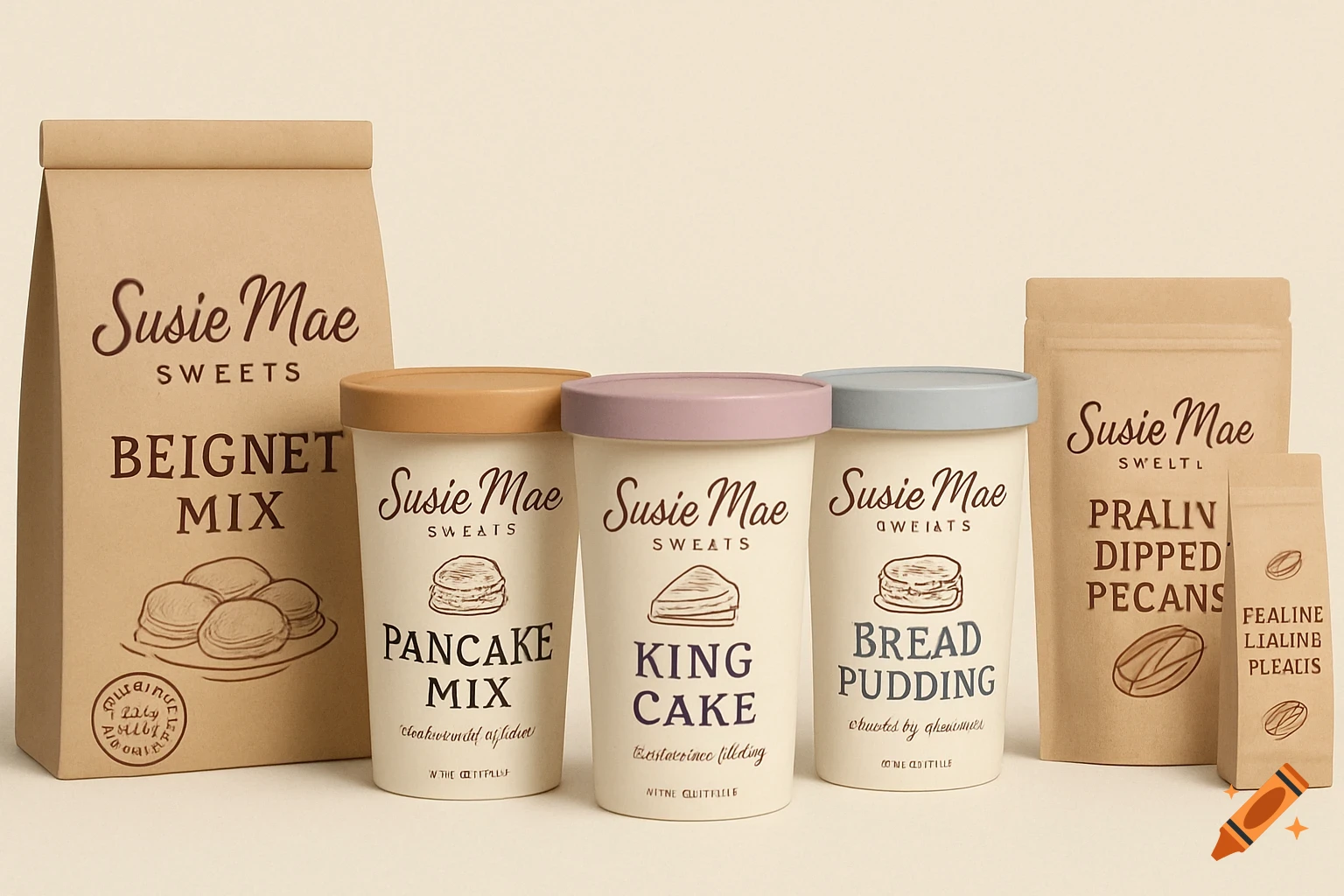 Packaging mockups for Susie Mae Sweets food products including mixes, ice cream, and pecans.