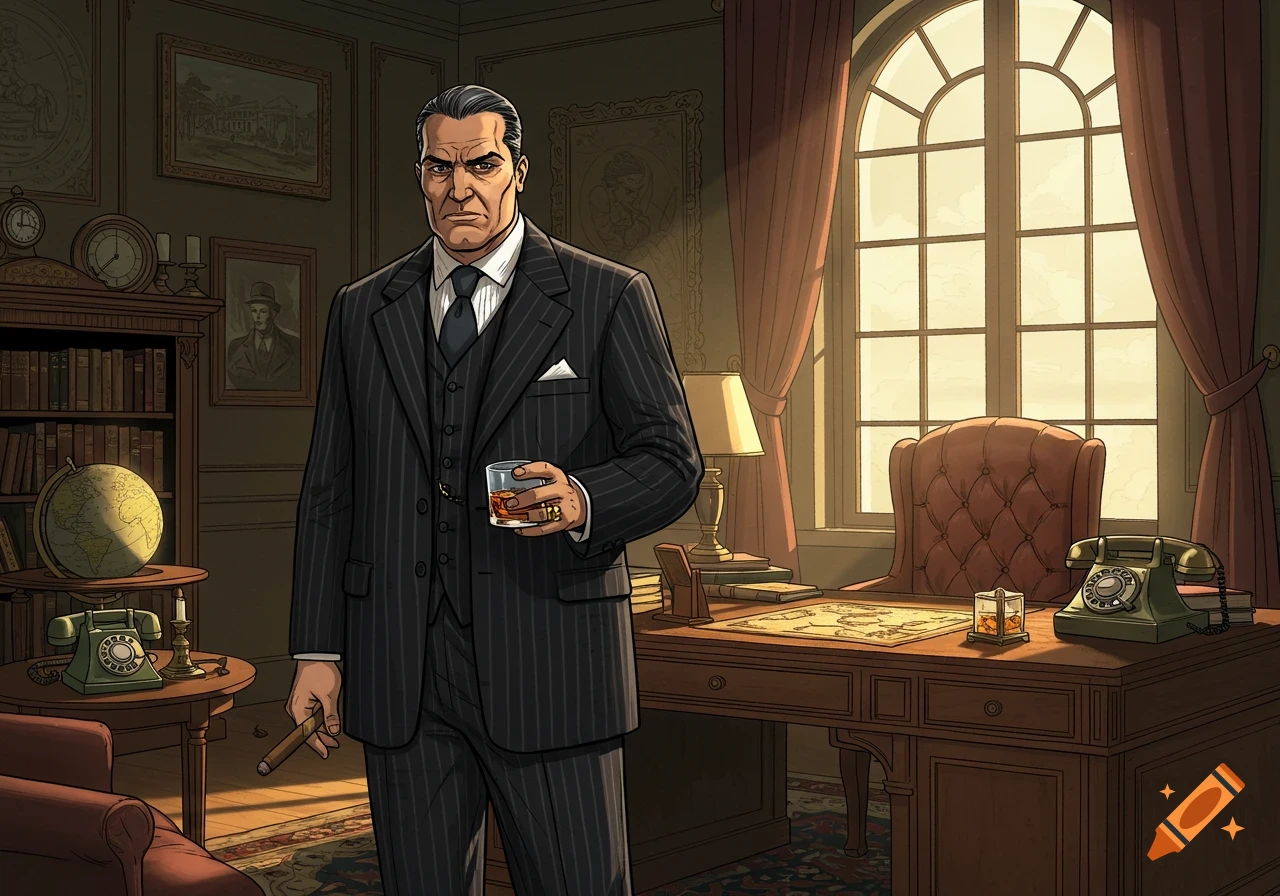 Stern man in suit in 1920s office with drink and cigar. Graphic novel style.