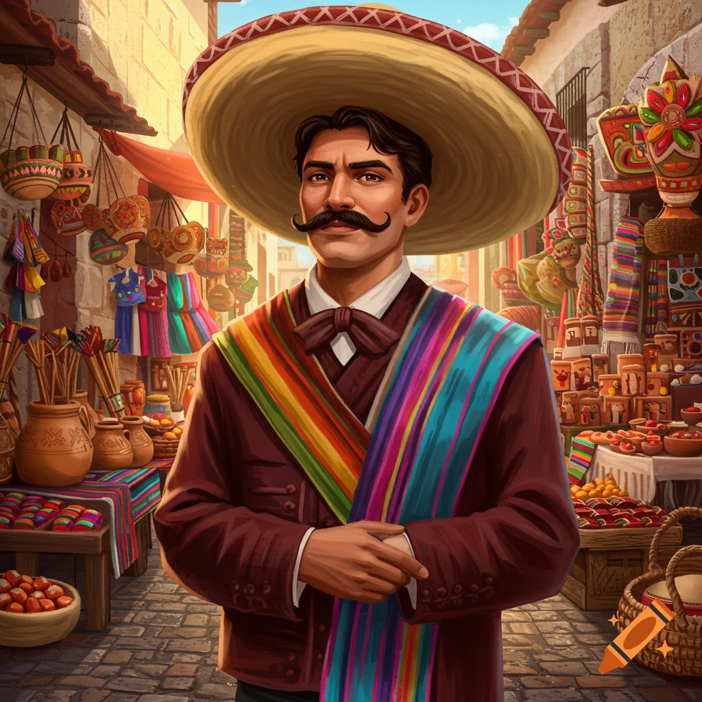 Man in traditional Mexican attire with a sombrero and serape in a colorful marketplace.