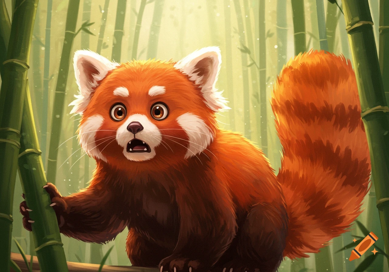 Illustration of a startled red panda in a bamboo forest.