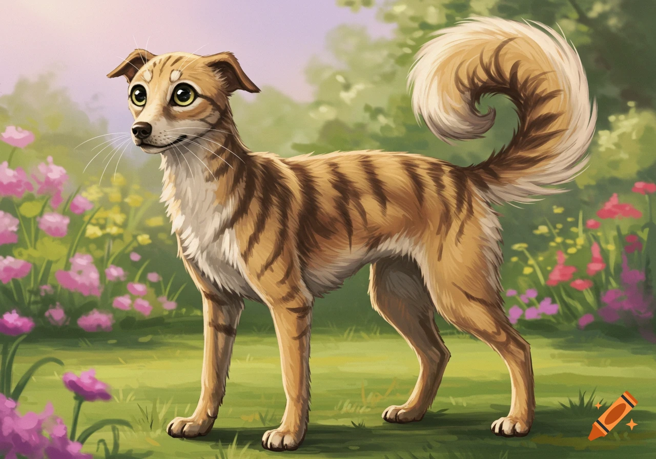 A dog with tiger stripes stands in a colorful garden illustration.