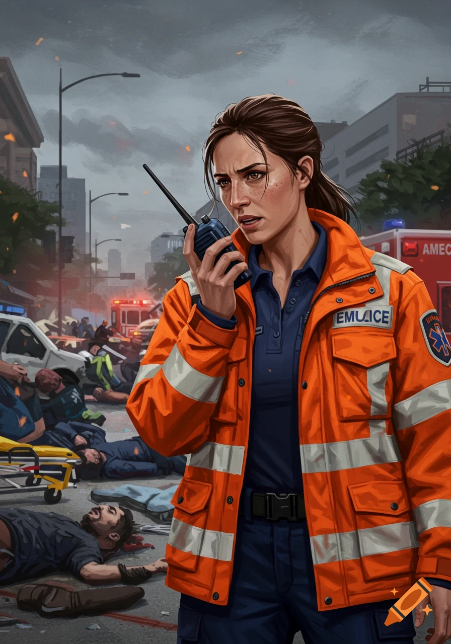 Illustration of an EMS provider speaking into a radio during a mass casualty incident in a city street.