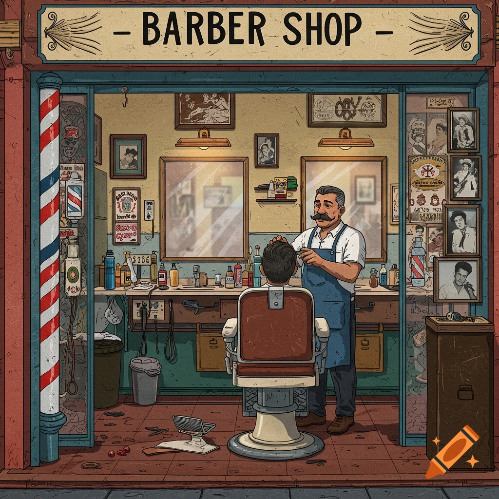 Illustration of a barber cutting a customer's hair inside a busy barber shop.