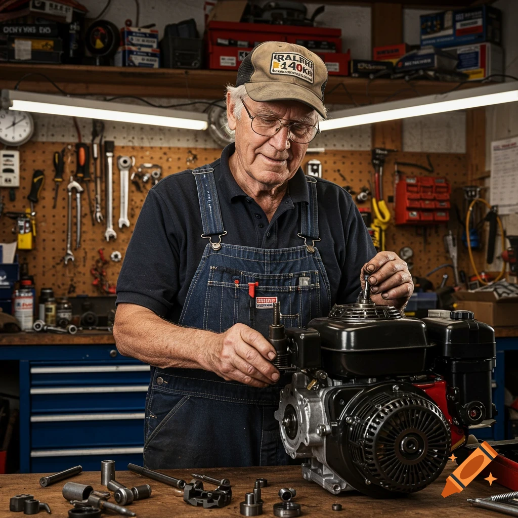 Old man in overalls working on a small engine in a workshop