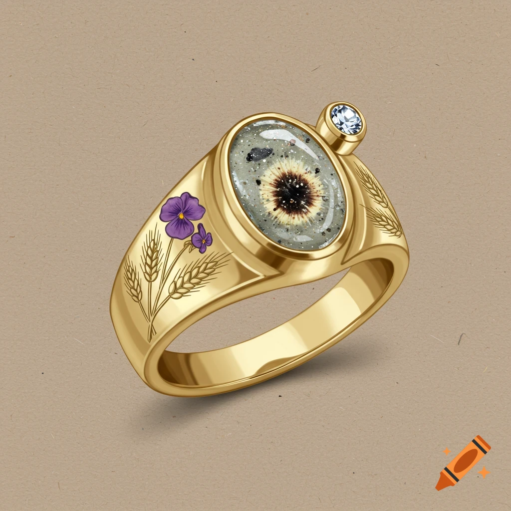A gold signet ring with wheat and violet etching, ash resin stone, and a clear diamond.