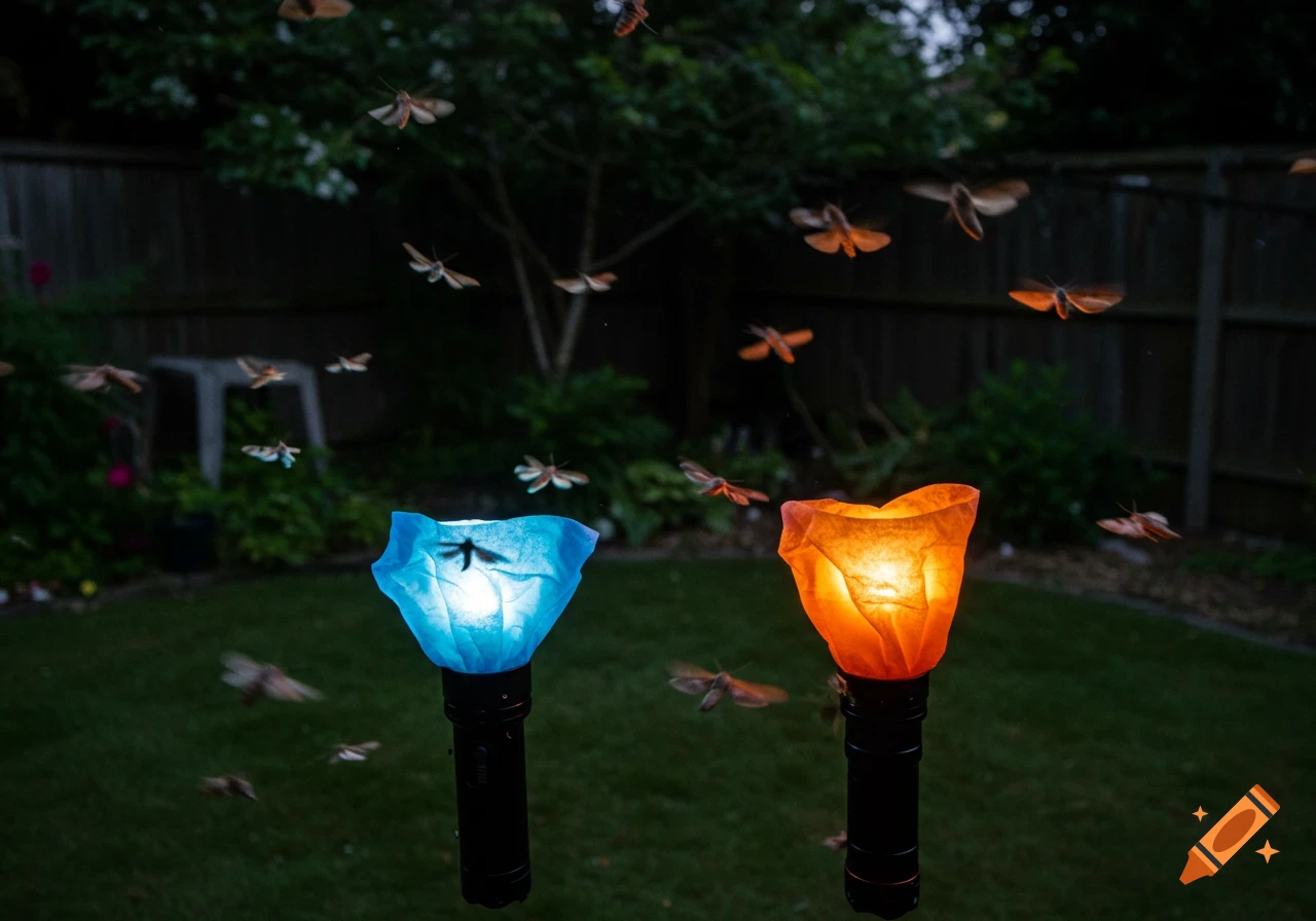 Moths fly around blue and orange lit flashlights in a dark backyard