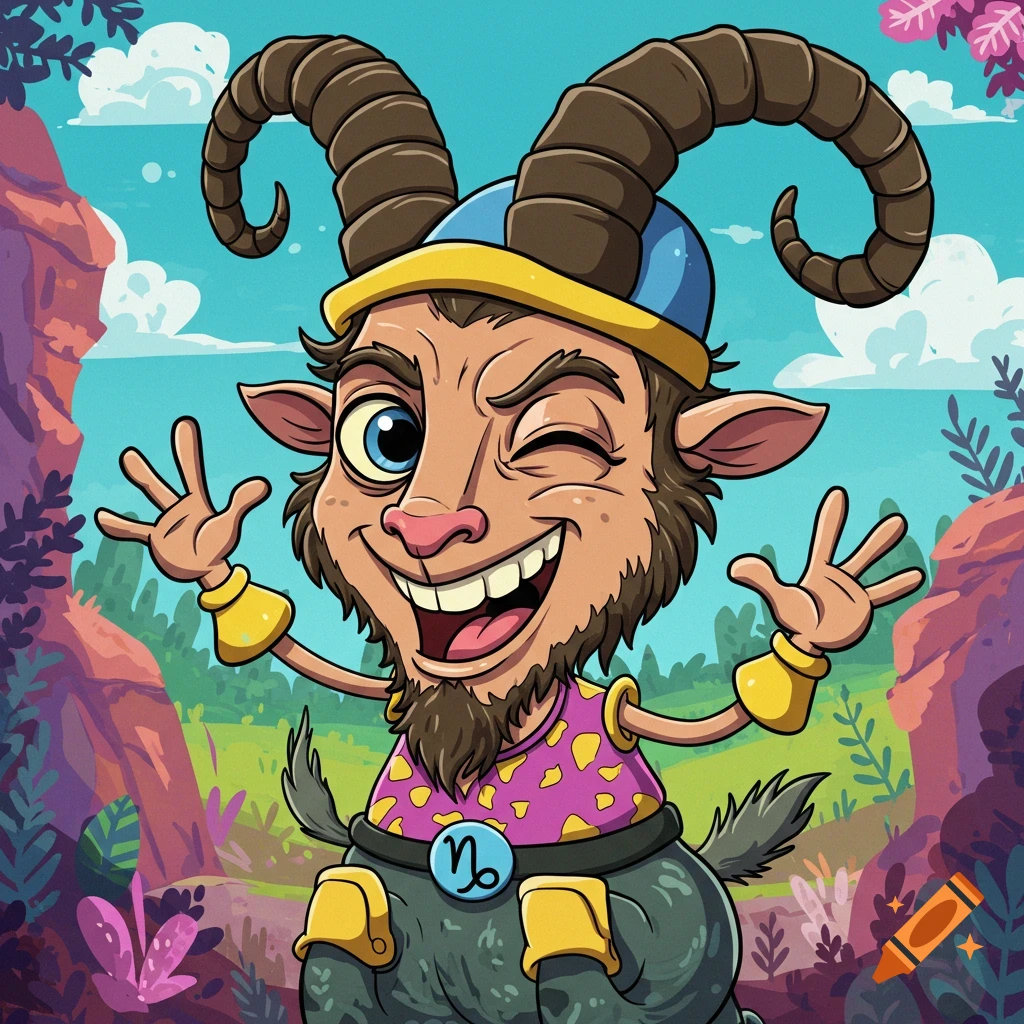 Cartoon goat character winking and waving, wearing a hat and vest with a zodiac symbol.