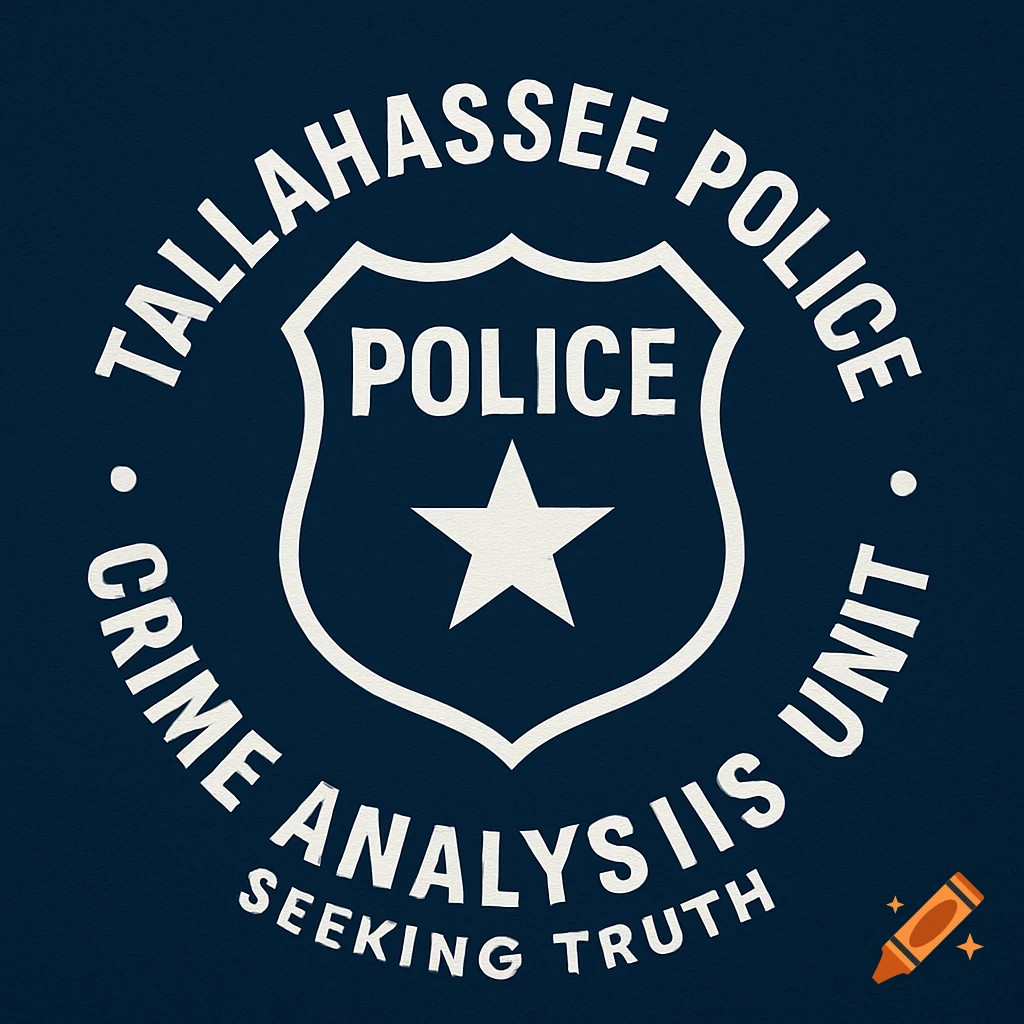 White police badge logo with a star, text says TALLAHASSEE POLICE CRIME ANALYSIS IIS UNIT and SEEKING TRUTH on a blue background.