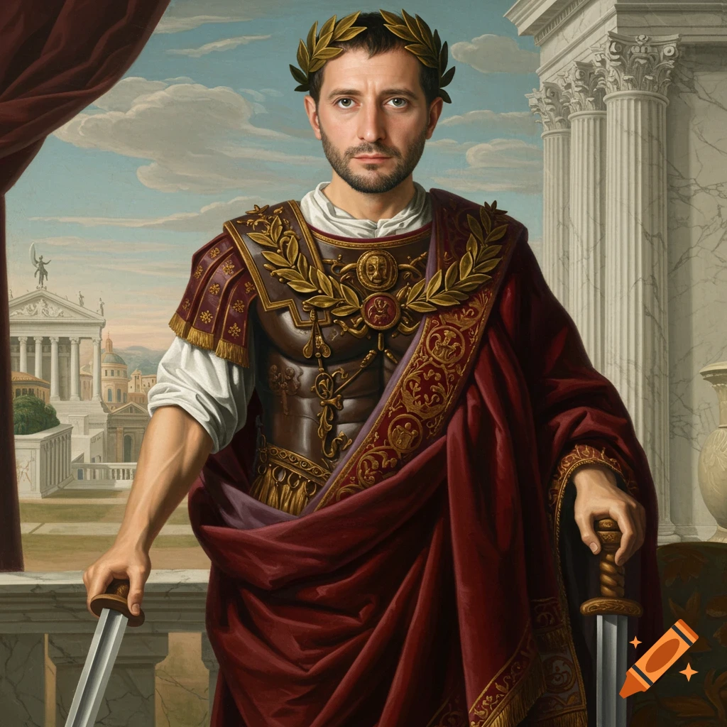 Painting of a man dressed as a Roman emperor holding swords, with Roman architecture in the background.