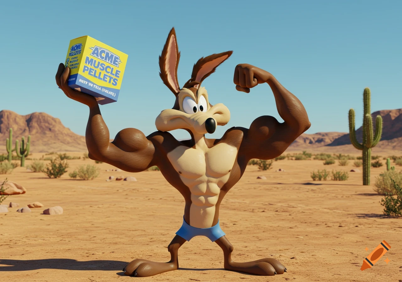Wile E. Coyote flexing muscles while holding a box of Acme Muscle Pellets in the desert.
