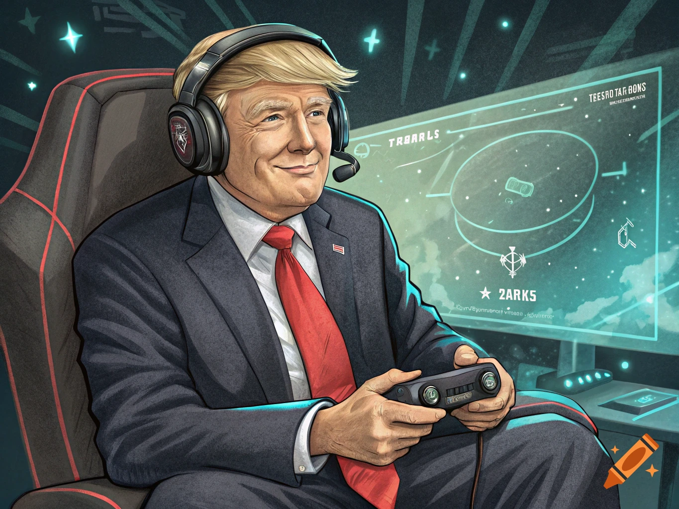 Cartoon illustration of Donald Trump sitting in a gaming chair, wearing a headset, holding a controller, and looking at a screen.