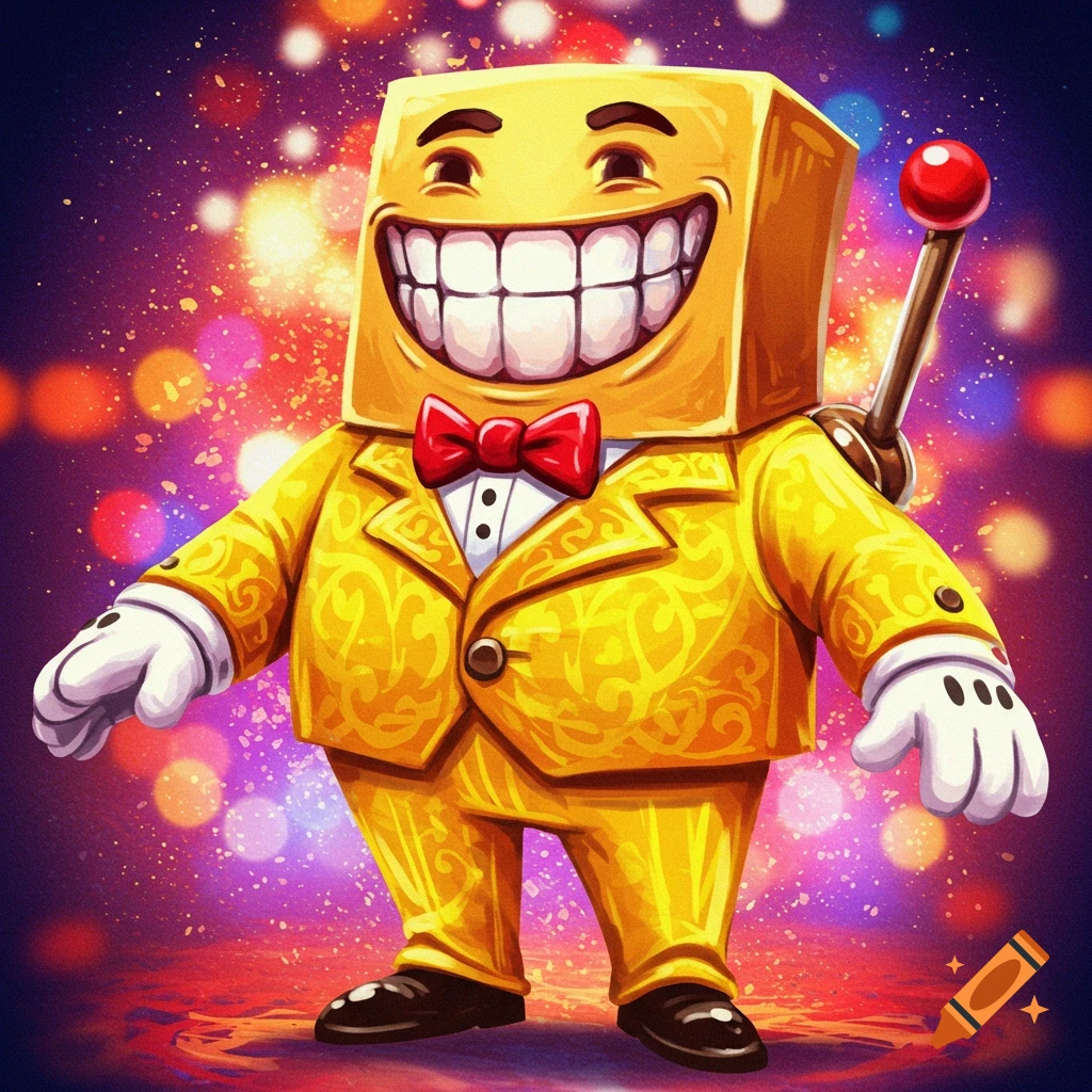 A yellow block-headed mascot wearing a gold suit and bow tie with a wide grin and slot machine handle, standing in front of a sparkly bokeh background.