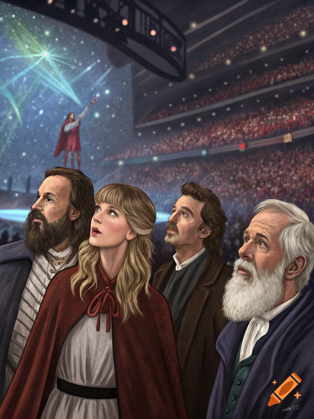 Illustration of four historical figures, including Leonardo DaVinci and Galileo, looking up at a performer on a concert stage in a large arena.