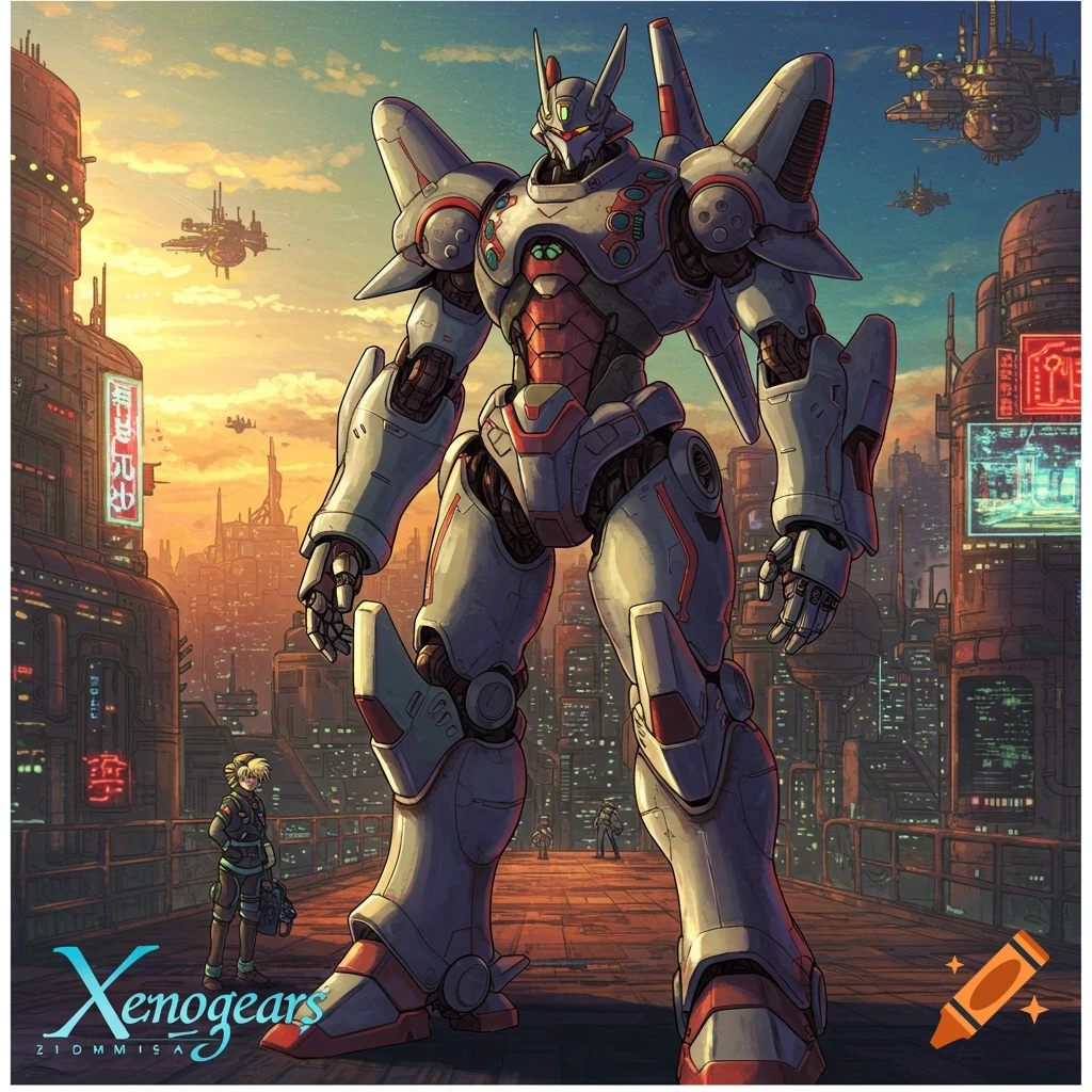 Large white and red mech robot stands on a walkway in a futuristic city at sunset, a small character nearby. Anime style.
