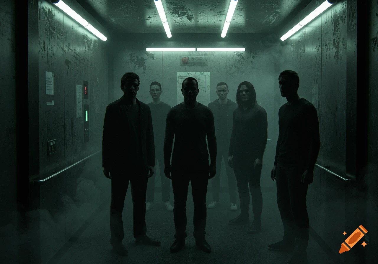 Six shadowy figures stand in a dark, smoky elevator.