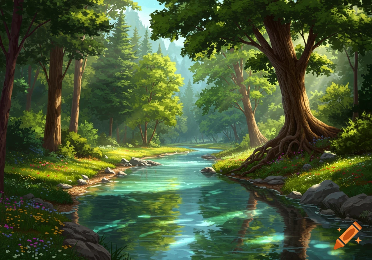 A clear river flows through a sunlit green forest.