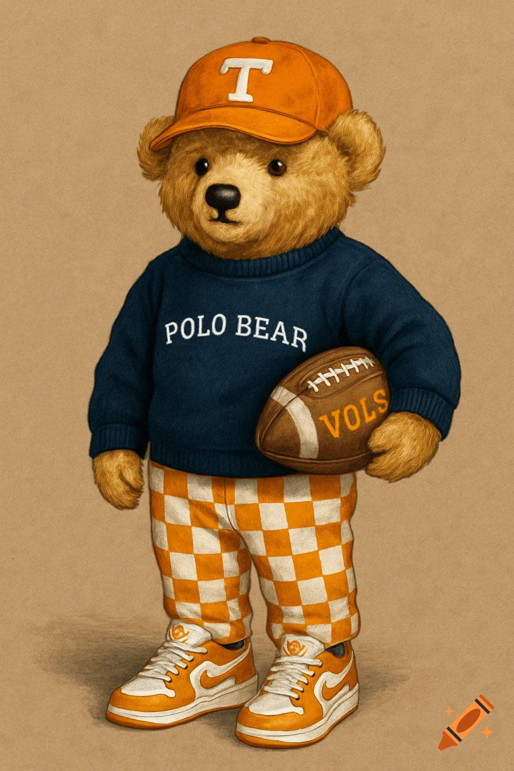 Illustration of a teddy bear in an orange hat, blue sweater, and checkered pants holding a football.