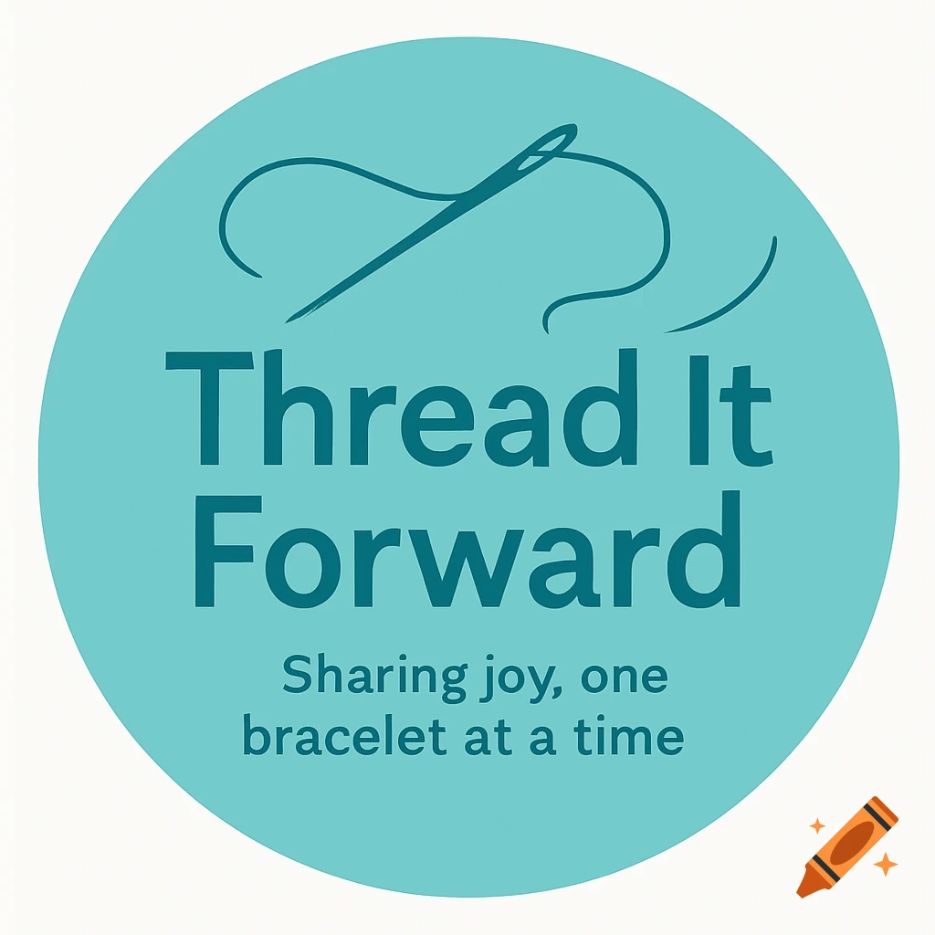 Logo with needle, thread, and text on a turquoise circle.