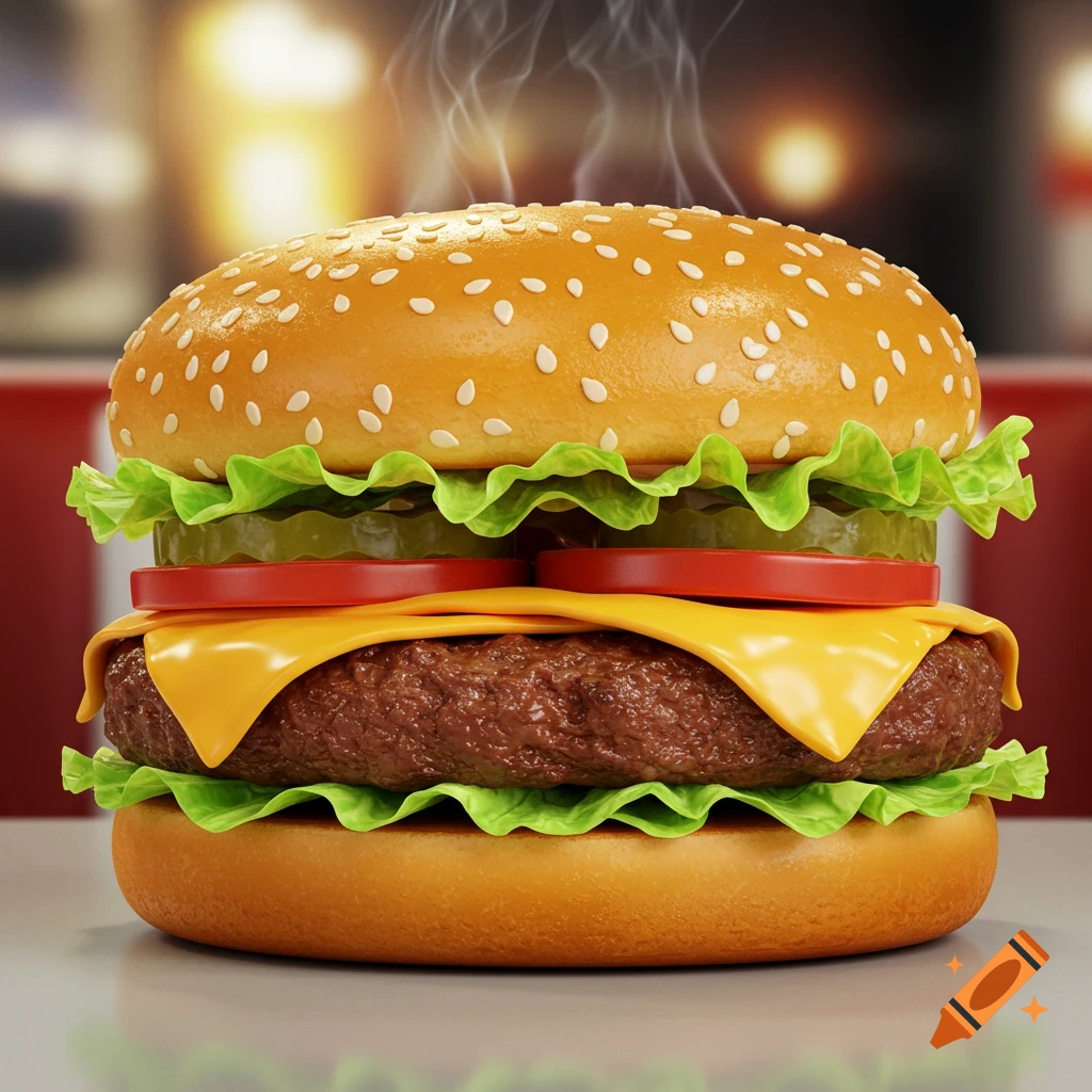 A close-up, photorealistic image of a steaming cheeseburger.