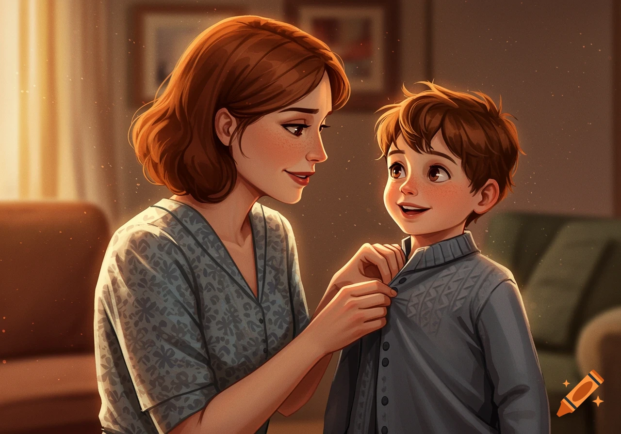 An illustrated portrait of a mother buttoning her young son's sweater.
