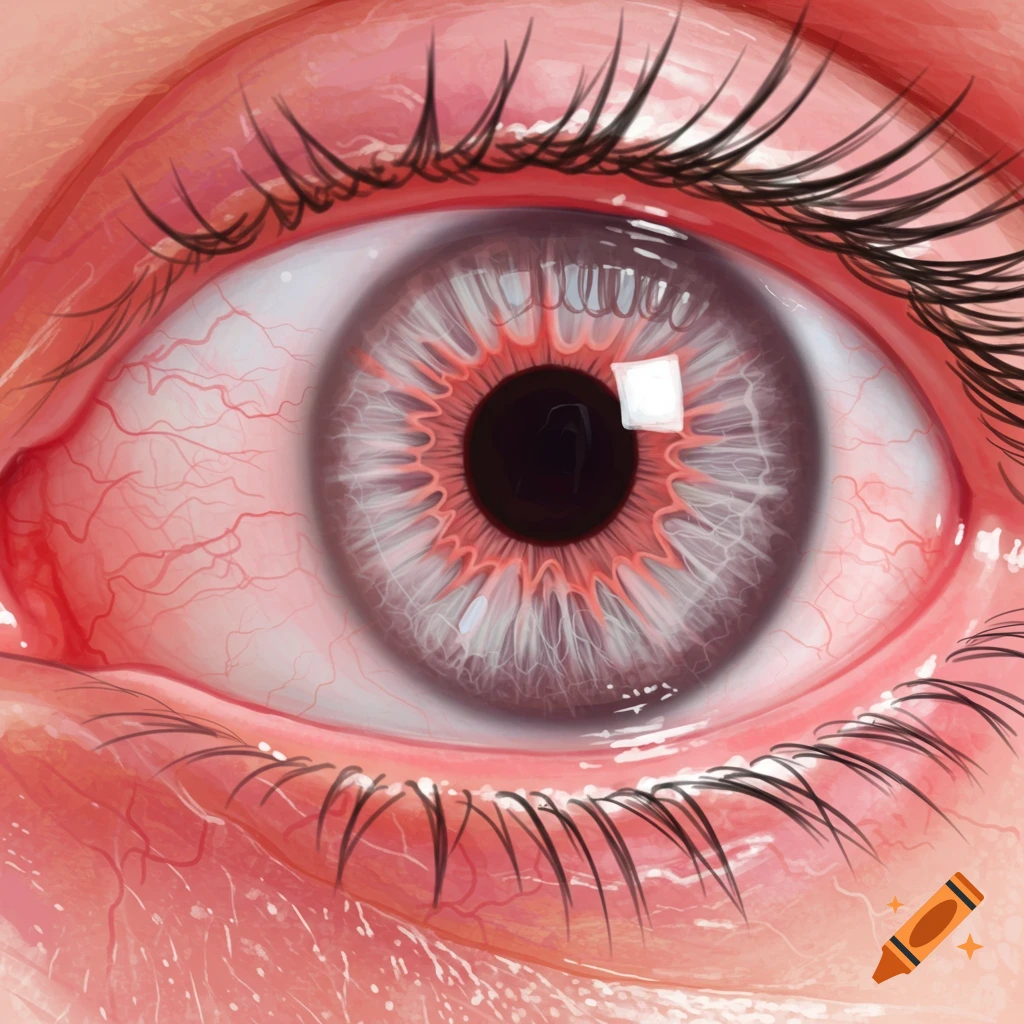 Close-up illustration of a human eye with pink eye