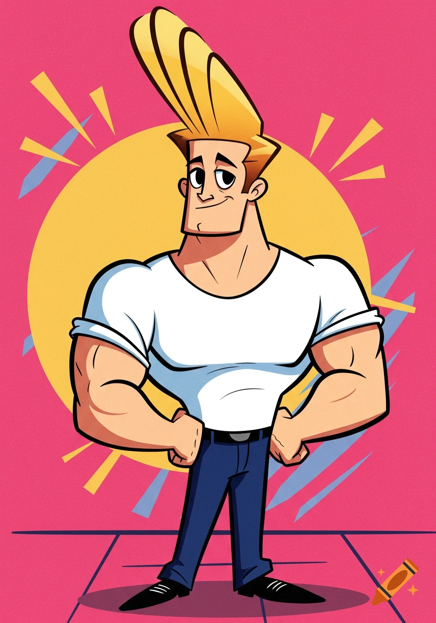 Cartoon character resembling Johnny Bravo posing in a retro background.