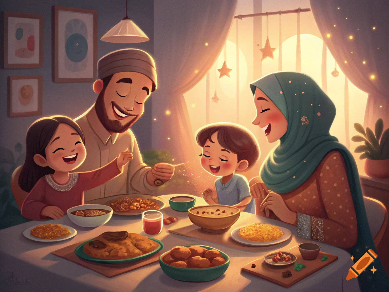 An illustration of a happy family, a father, mother, daughter, and son, smiling and eating a meal together at a table.