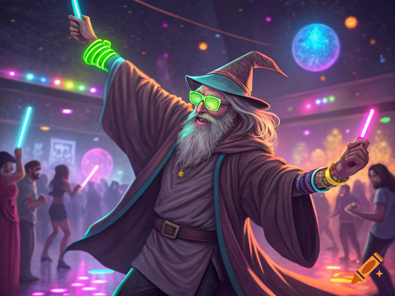 A wizard with a long beard and green glasses dances energetically at a rave, holding glow sticks amidst neon lights and blurry figures.