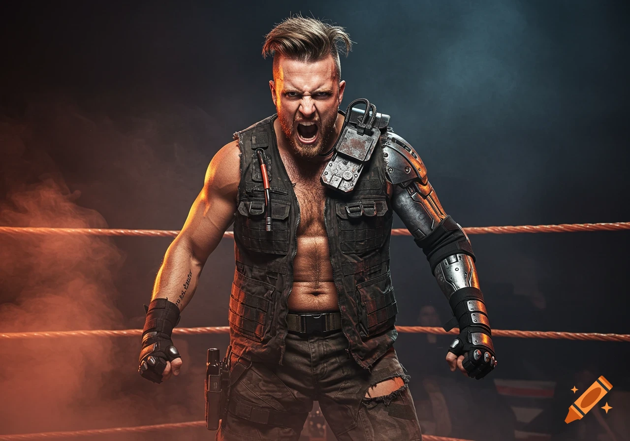 Muscular man with cybernetic arm in a smoky wrestling ring, screaming with intense expression, 1980s sci-fi style.