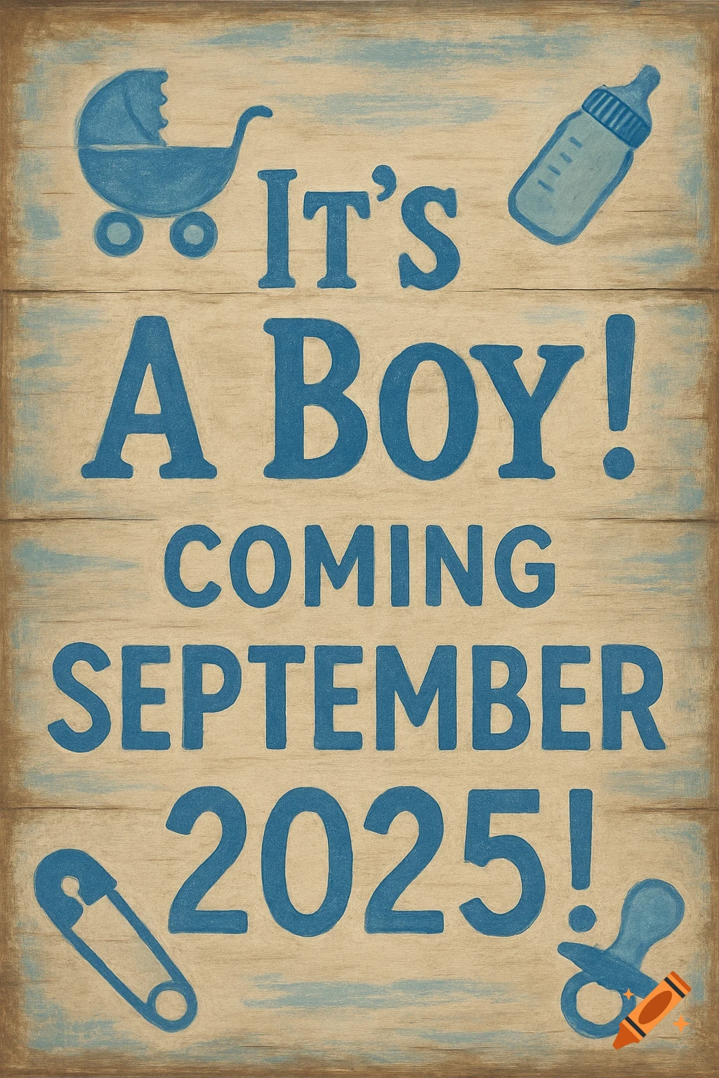 Rustic wooden sign announcing "It's A Boy! Coming September 2025!" with baby bottle, stroller, pacifier, and safety pin graphics.