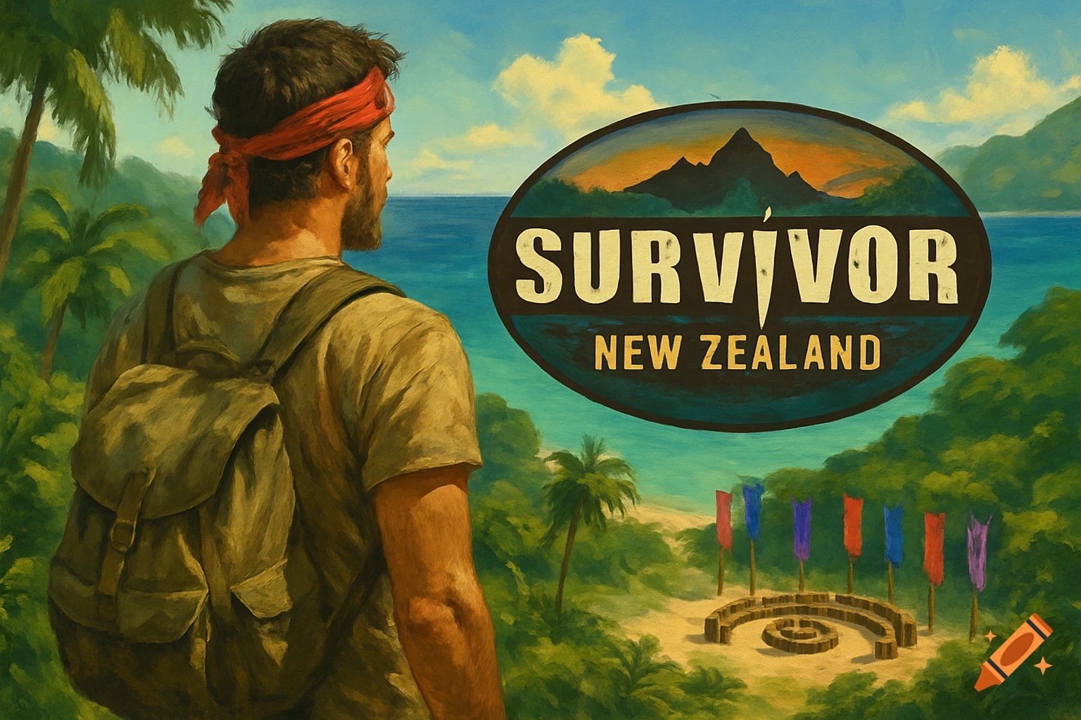 Man with backpack looks out at tropical island scene with Survivor New Zealand logo.