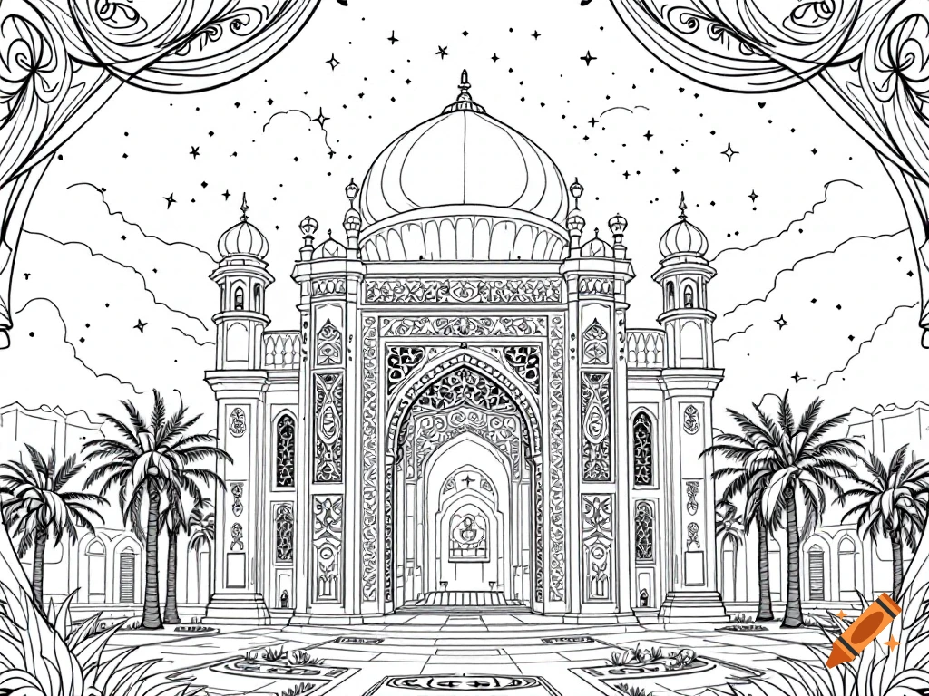 Black and white line drawing of an ornate shrine framed by curtains and palms, in a coloring book style.