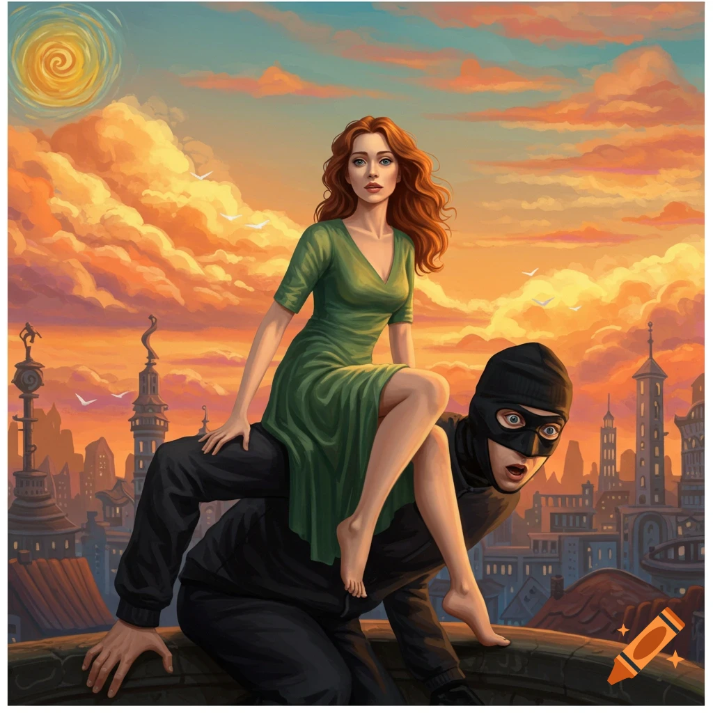 Illustration of a red-haired woman in a green dress sitting on a masked burglar's back on a rooftop at sunset.
