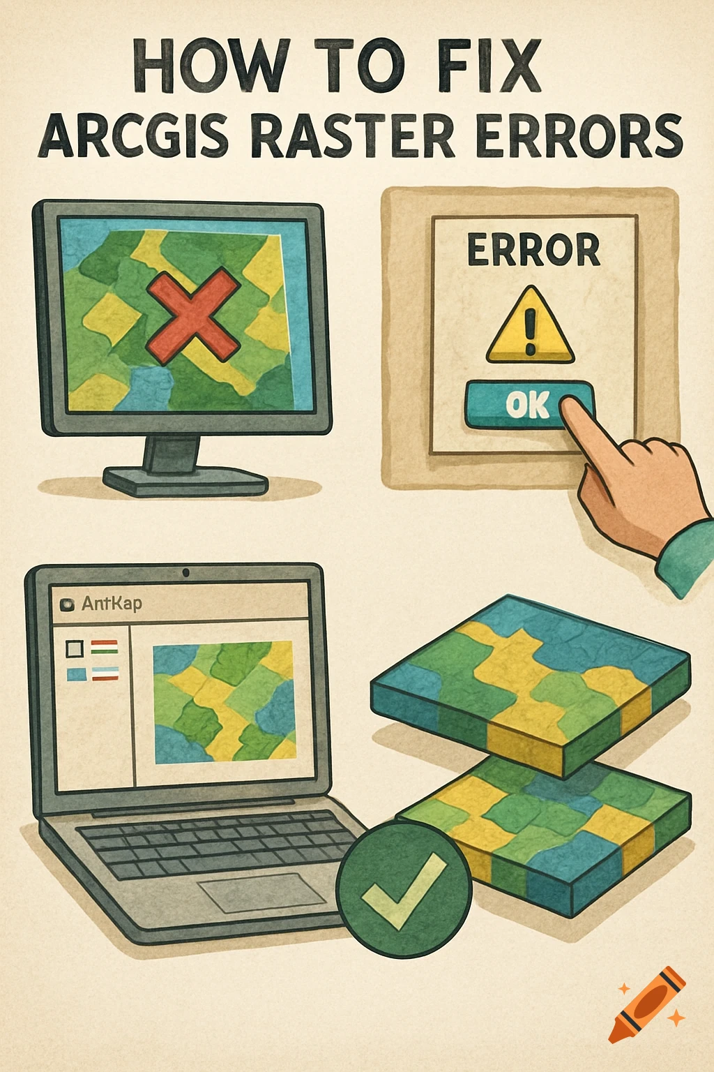 Illustration showing how to fix ArcGIS raster errors with computer, error message, laptop, and map layers.