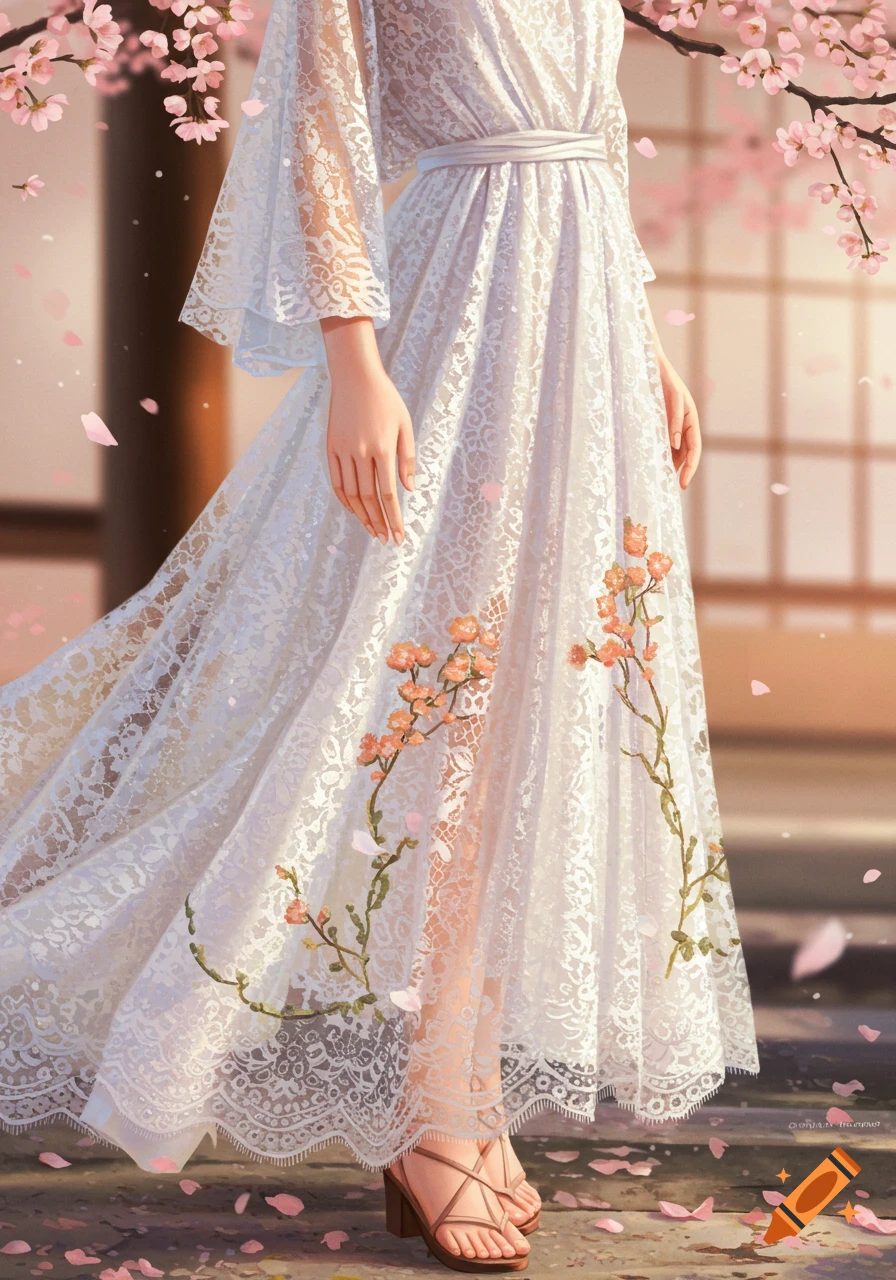 Person in flowing white lace dress with floral embroidery among cherry blossoms, anime art style.