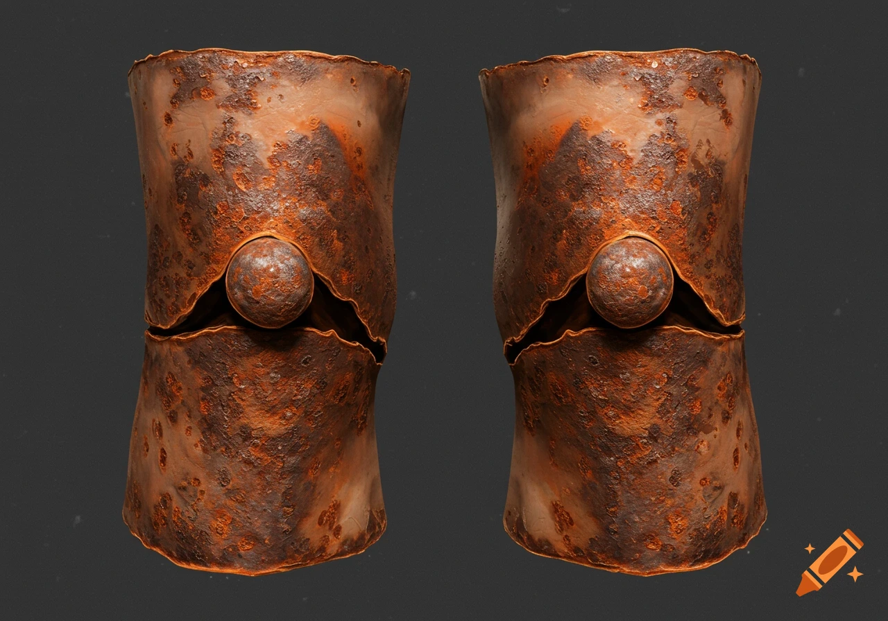 Two rusty metal objects resembling knees with embedded spheres.