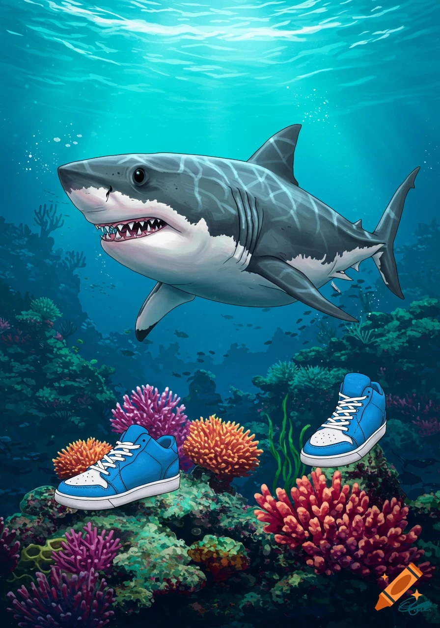 Cartoon shark swimming above coral reef with blue sneakers resting on the coral.